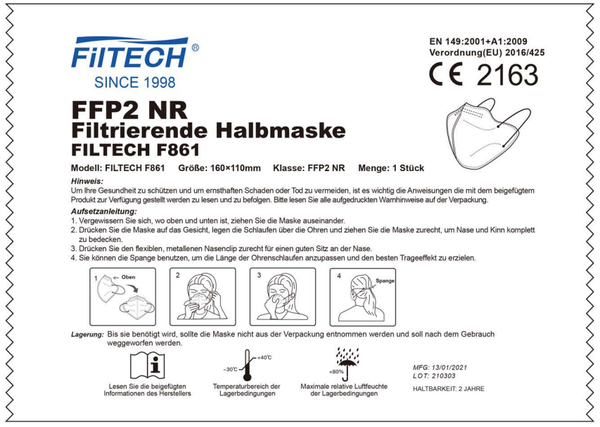 FILTECH F861 FFP2 With CE, 10 St. Atemschutzmaske Weiß